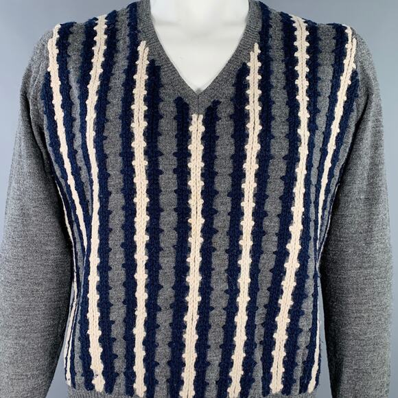 DRIES VAN NOTEN Size XL Grey Navy Cream Stripe Wool V-Neck Pullover - Picture 2 of 7